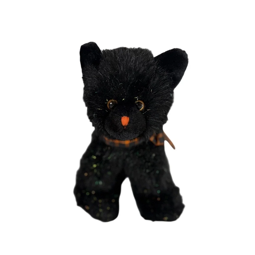 Russ Berrie Burnside Black Cat Plush Halloween Tinsel Bow Stuffed Animal 7